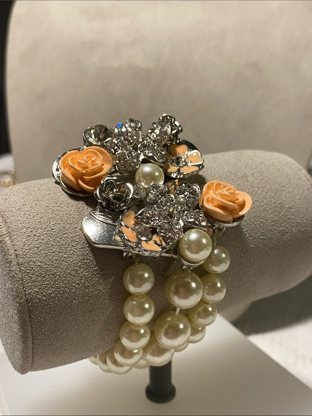 Pearl and Crystal Floral Bracelet with Peach Rose Accents